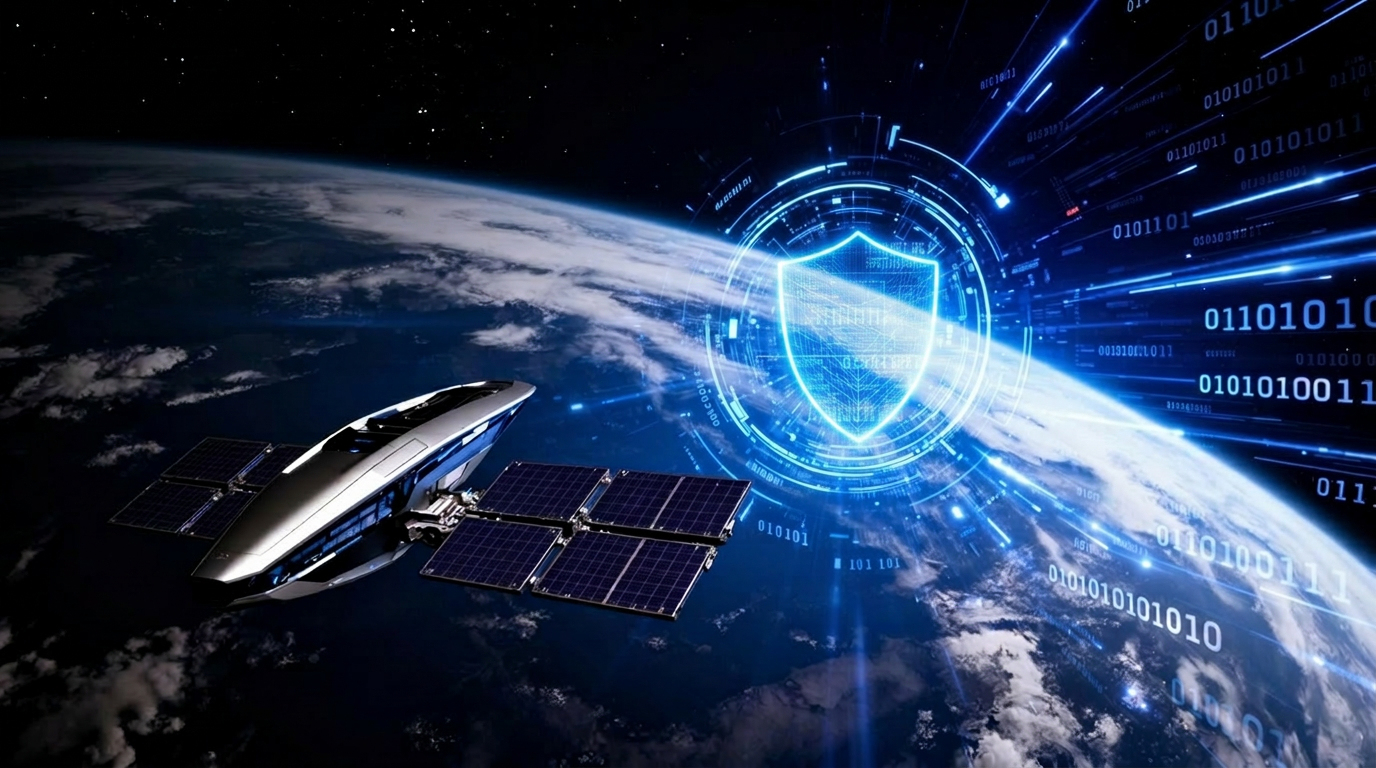 Satellite orbiting Earth with cybersecurity data streams